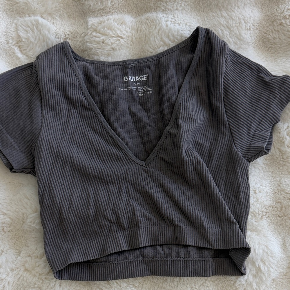 Garage Charcoal Ribbed V-Neck Crop Top